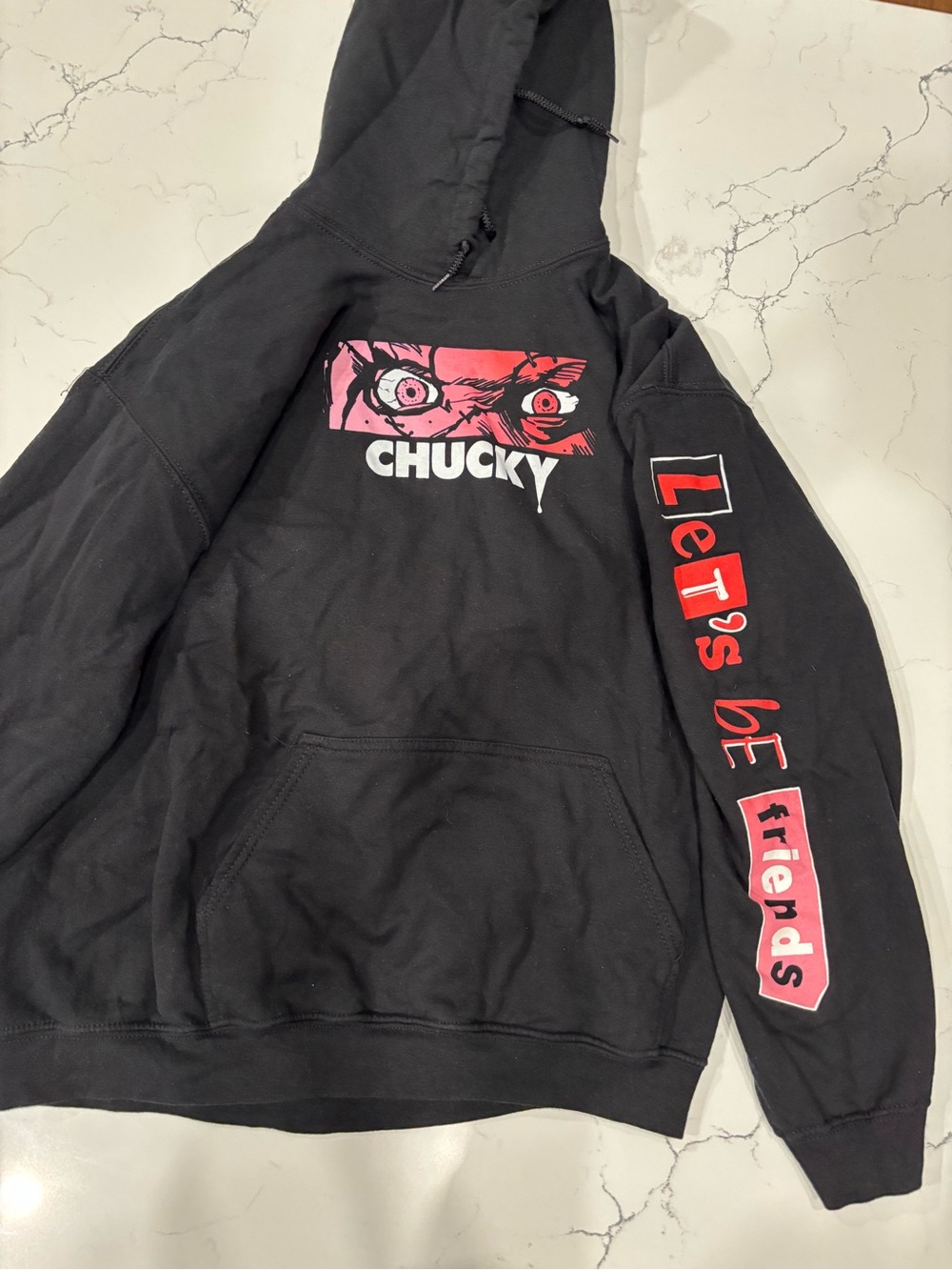 Chucky Black Graphic Hoodie - "Let's Be Friends" Sleeve Print